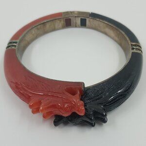 Rare Black and Red Carved Jade Dragon Sterling Silver Clamp Bracelet.